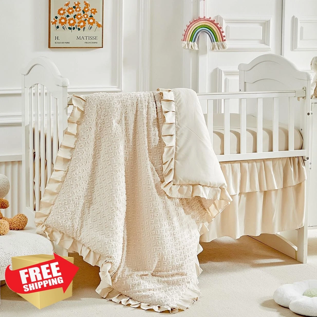 3pc Tufted Crib Bedding Set Beige Comforter Fitted Sheet Skirt
Opens in a new window or tab