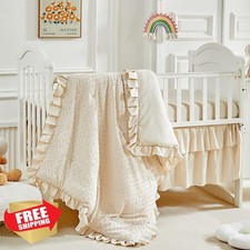 3pc Tufted Crib Bedding Set Beige Comforter Fitted Sheet Skirt