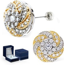 18K Gold Plated Cubic Zirconia Stud Earrings for Women Men, Small Two-Tone White