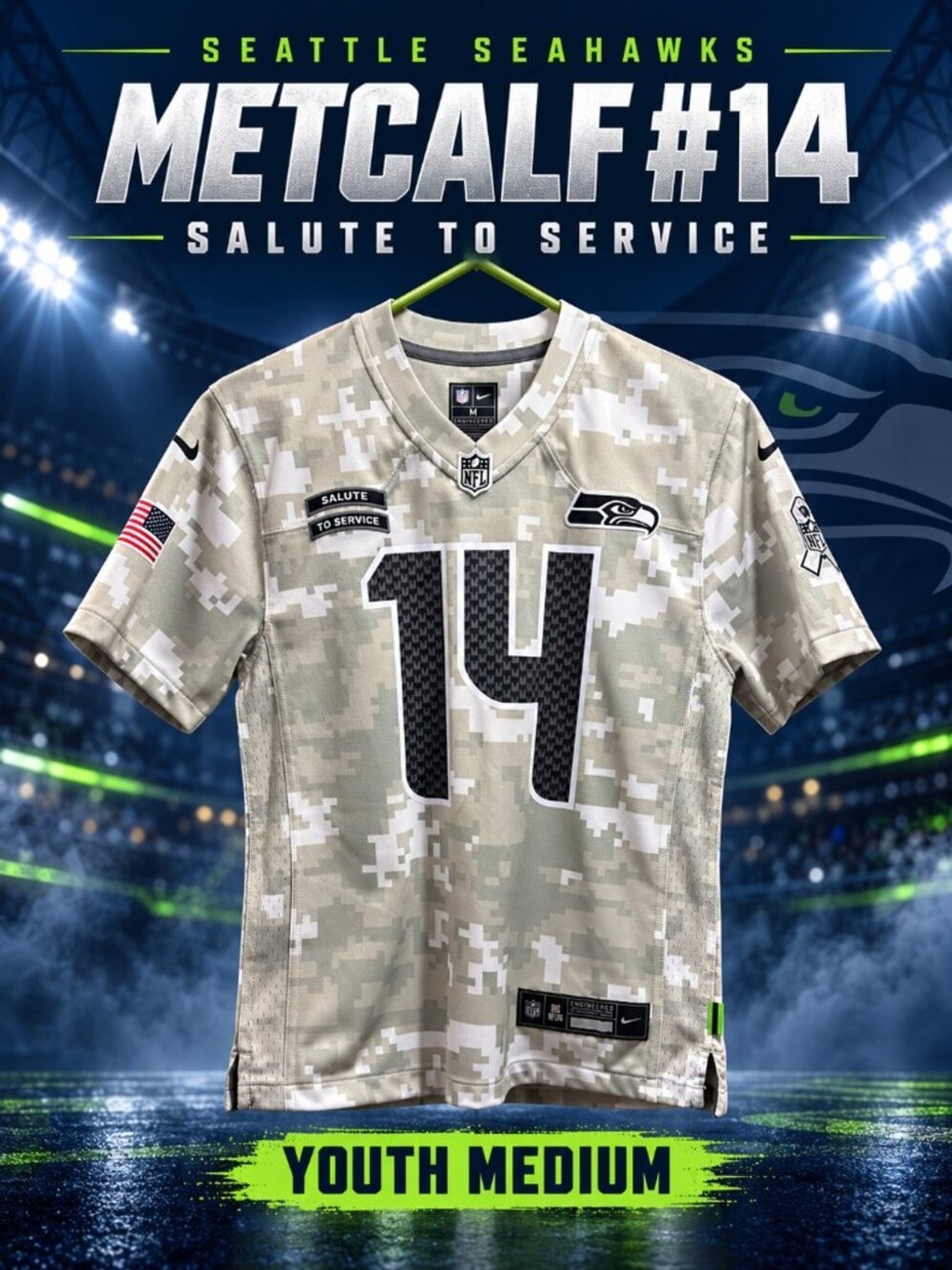 Nike Seahawks DK Metcalf #14 Salute to Service Camo Jersey Youth Medium