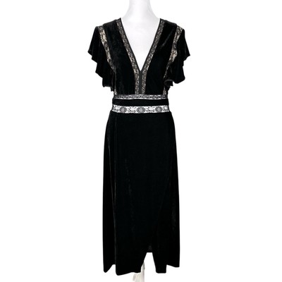 Anthropologie Saylor S Alexandra Velvet Velour Black Lace V-Neck Dress Slit