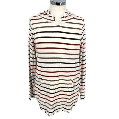 Market & Spruce Striped Hoodie Long Sleeve Cozy Top Ivory Red Brown Size XS NWT