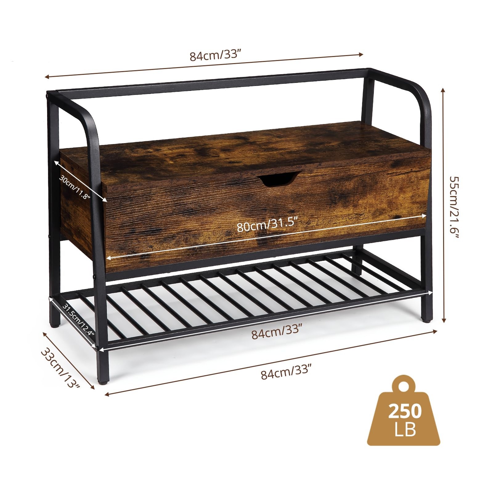 Banc d’entrée bois marron rustique avec coffre de rangement et range-chaussures