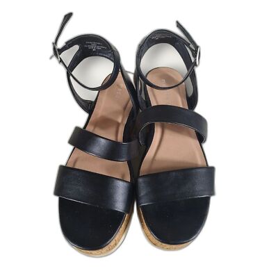 EUC Madden Girl Women's Black Steadyy Platform Buckle Cork Heel Sandals  Size