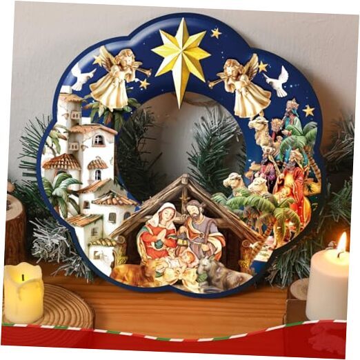 Nativity Scene Wreath Christmas Wooden Ornament Decor Hanging Xmas Wreath Sign