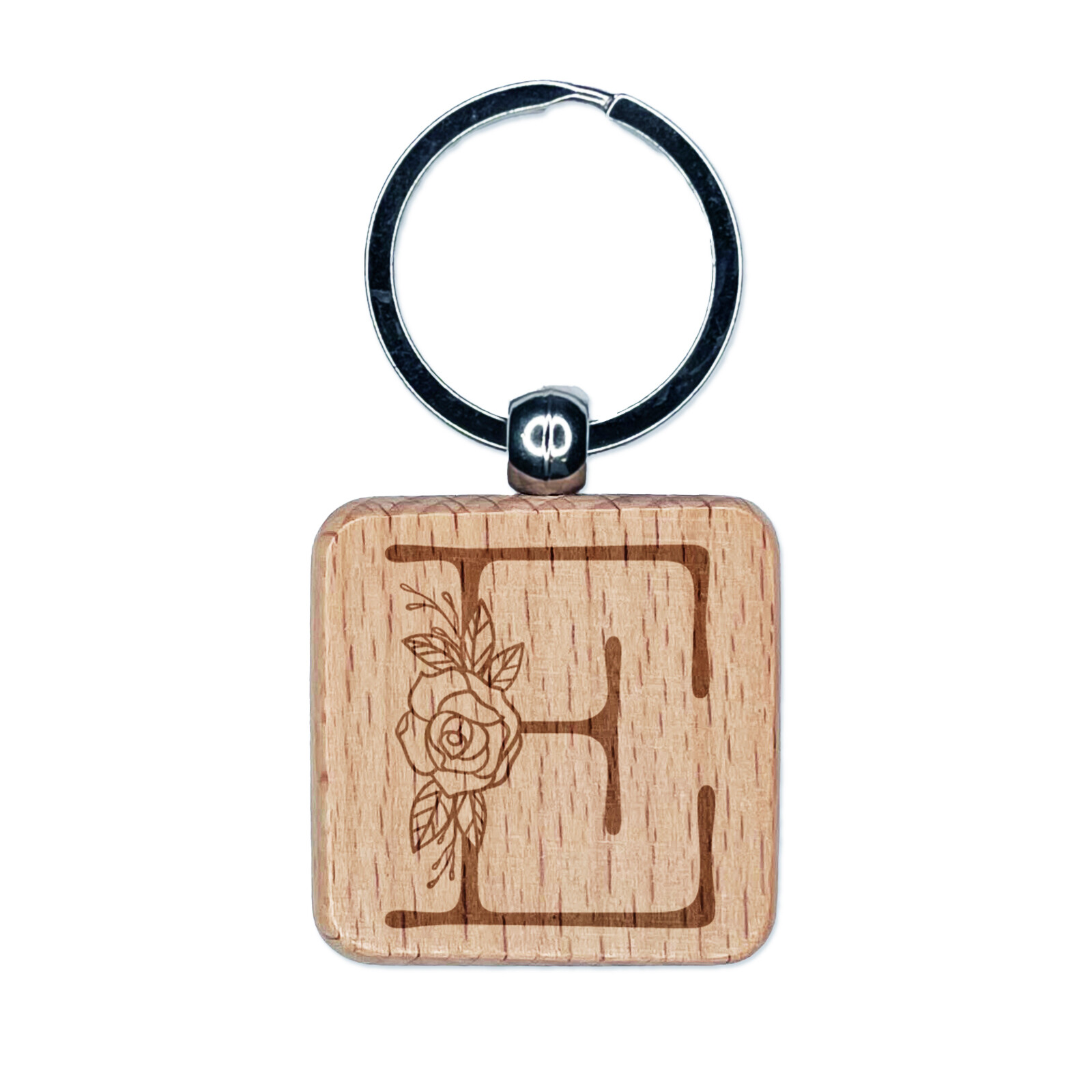 Rose Typewriter Font Capital Letter E Engraved Wood Square Keychain Tag Charm