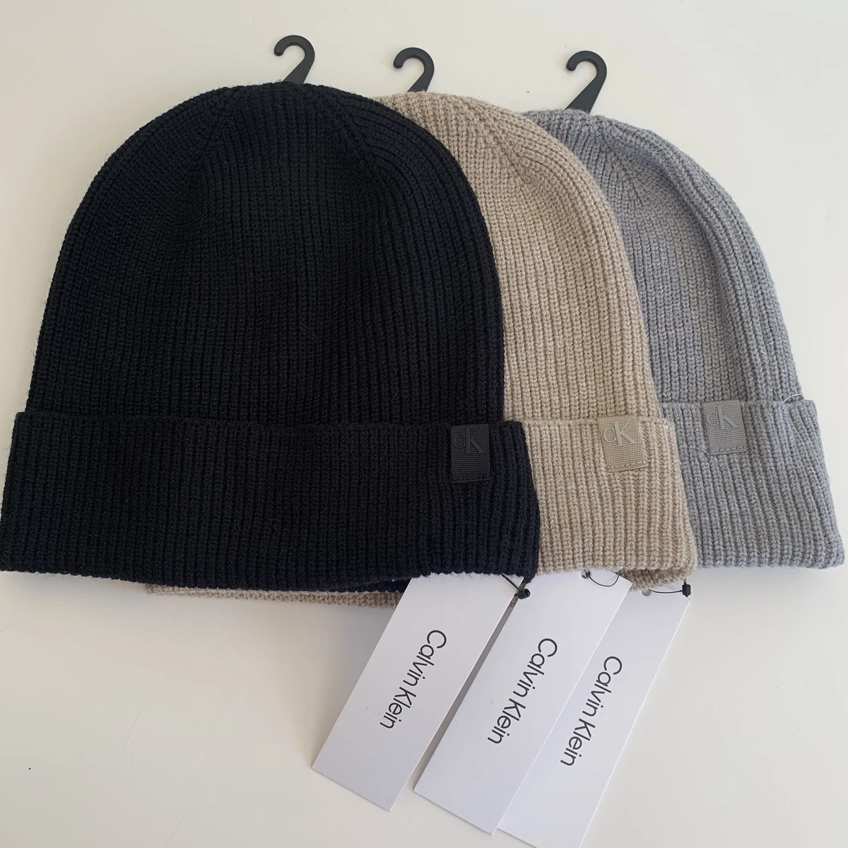 Calvin Klein CK Plaited Knit Beanie Men s Logo Cuff Hat Black Beige or Gray 44