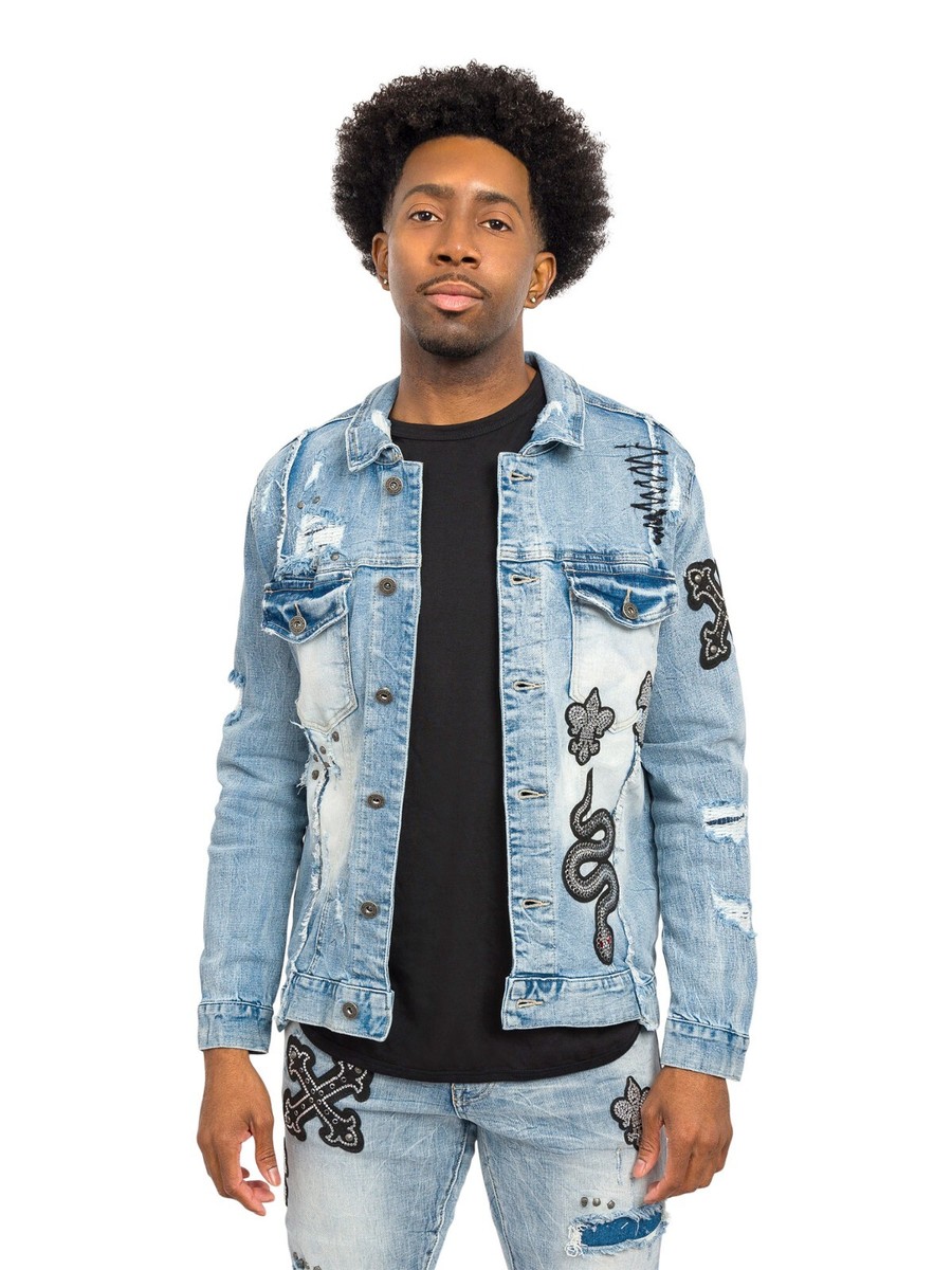 G-STYLE USA Men's Casual Distressed Graphic Design Denim Jacket