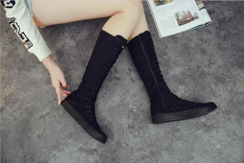Women's flat bottomed lace up canvas knee high sports shoes boots punk gothic - Picture 8 of 18