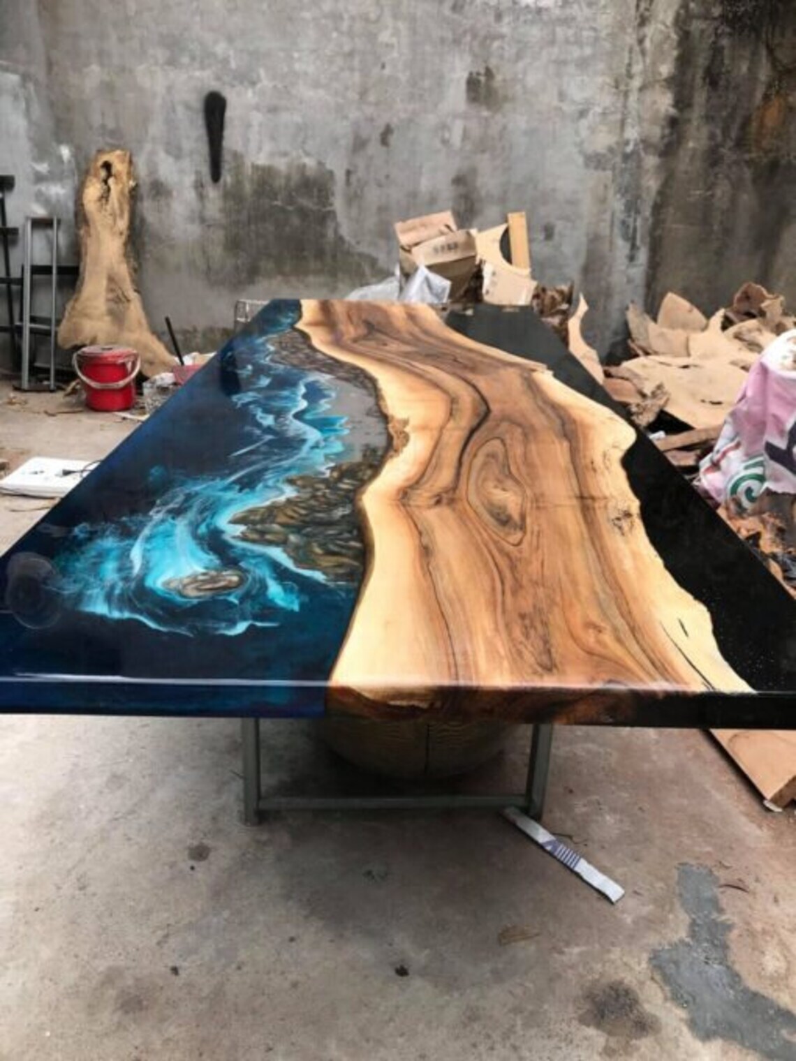 Wood Dining Table, Custom Blue Epoxy Dining Table, Ocean Epoxy Table Top Decor
