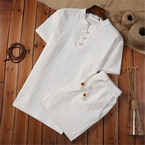 Mens Shorts Cotton Linen Summer Outfit 2-Piece Set Short Sleeve T Shirts and - Bild 3 von 14