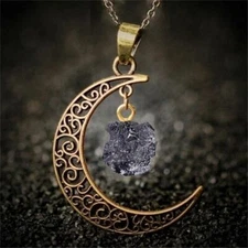 Cresent Moon Pendant 1.5" w/ Healing Stone Necklace Obsidian Black Gold