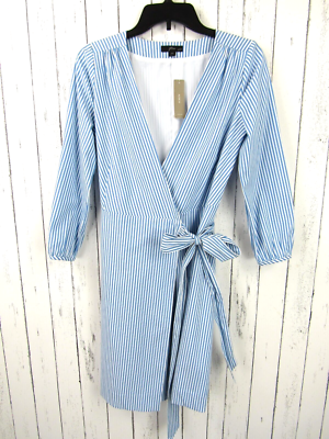 J. Crew NWT Size 00 Blue White Striped Cotton Poplin Wrap Dress Knee Length  | eBay