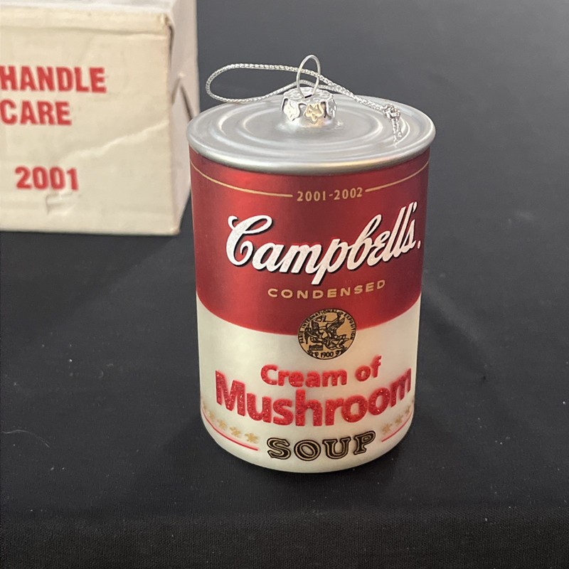 Campbell’s Cream of Mushroom Soup Can Blown Glass Ornament Red/White Christmas