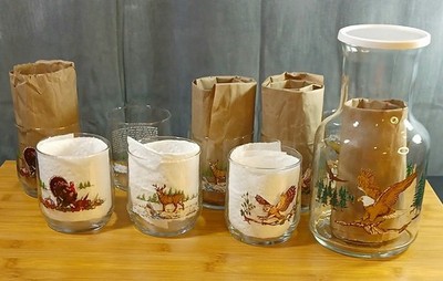 8 Promo VTG Sunoco American Wildlife Collection Glasses w/VTG Eagle Carafe