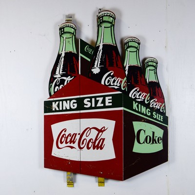 Large Masonite Coca Cola King Size Fishtail 6 Pack Sign 40 Inches Tall