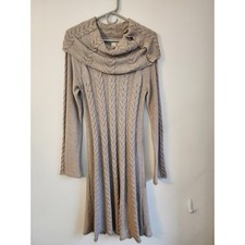 Akini Chunky Cable Knit Cowl Neck Sweater Dress Button Accent Oatmeal Taupe L