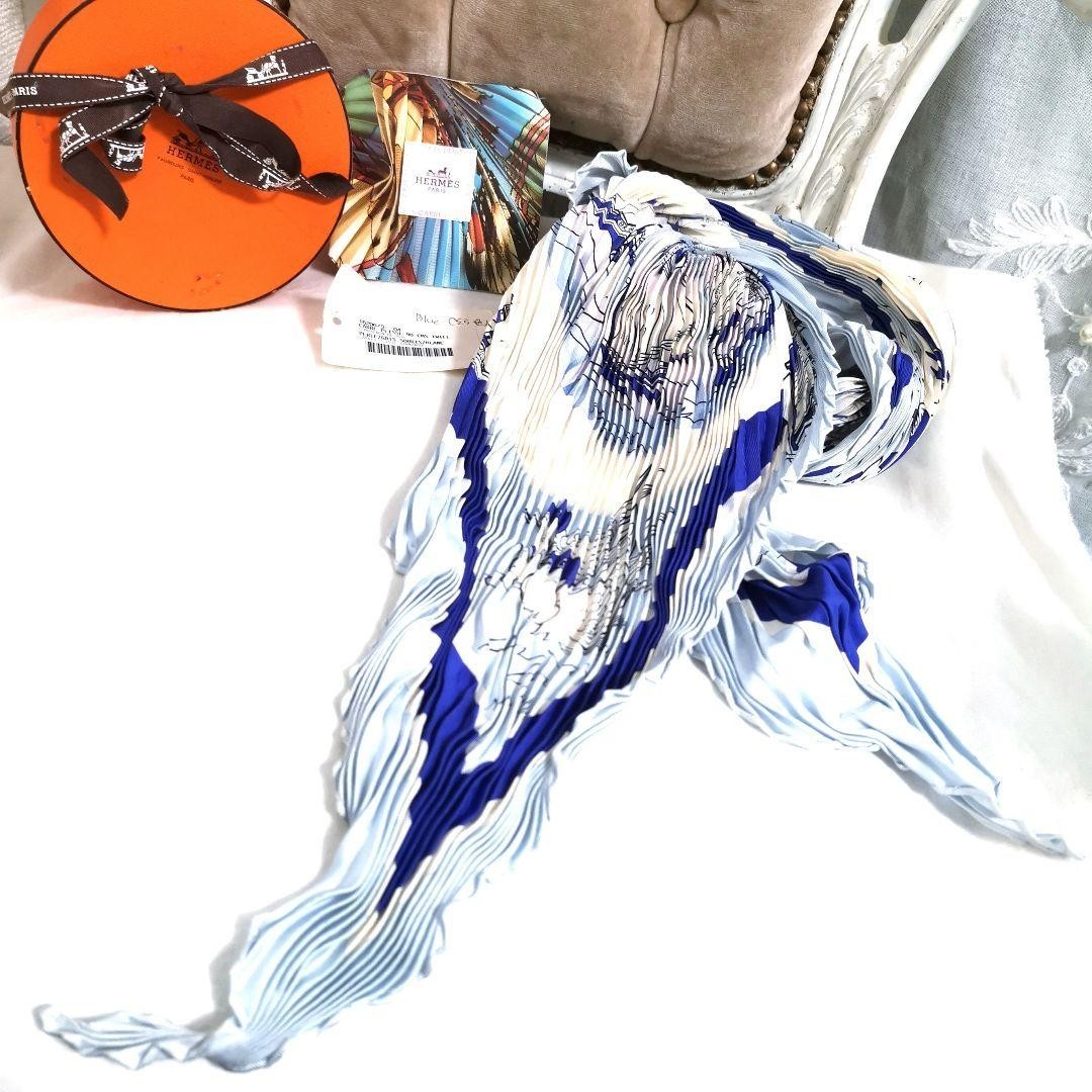 Hermes Compagnons de mer Pleated Silk Scarf Carre 90 cm Blue Multicolor  NM Auth
