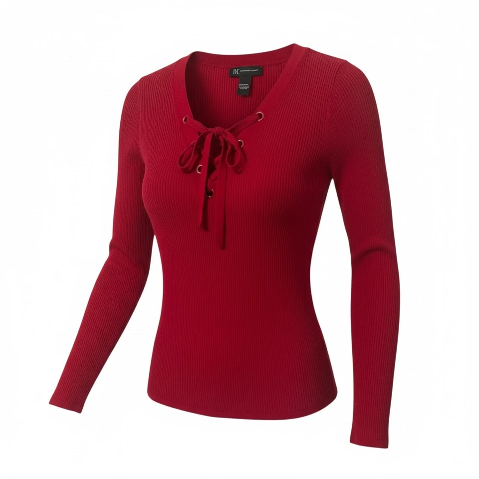INC International Concepts 红色十字领带 V 领红色毛衣 L 码弹力 — 第 2/4 张图片