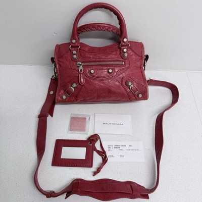 Auth Balenciaga Giant 12 City Mini 2013 Rose Coquelicot Red Agneau Silver 309544