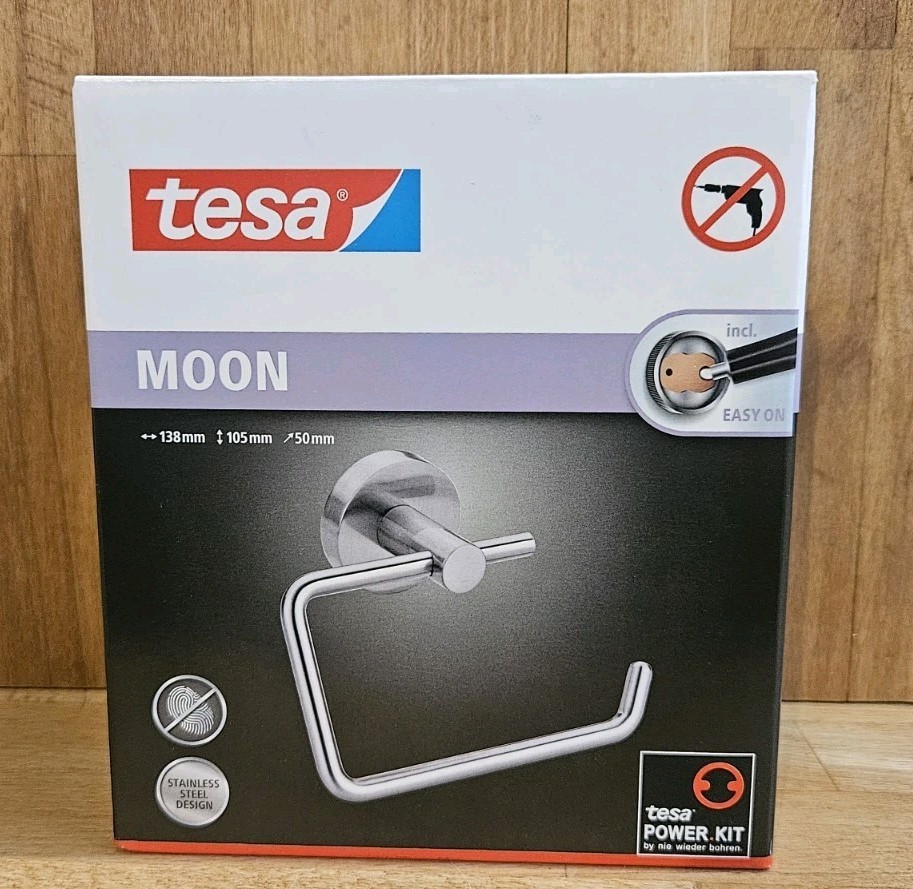 Brand New- tesa MOON ""Stainless"" Toilet Roll Holder ""Easy On Adhesive"" No Drill