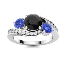 925 Sterling Silver 5MM Round Black Spinel  Tanzanite Three Stone Women Ring