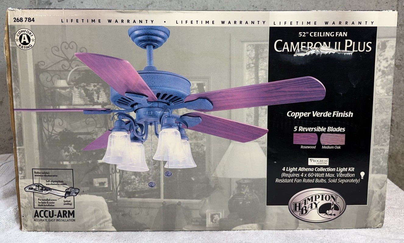 Vintage Hampton Bay Cameron II Plus 52” Ceiling Fan Copper Verde Finish 5-Blade