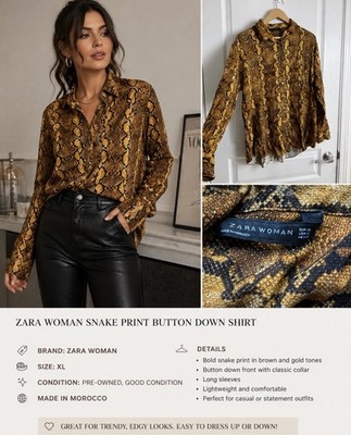 Zara Woman Snake Print Button Down Shirt XL Brown Gold Long Sleeve