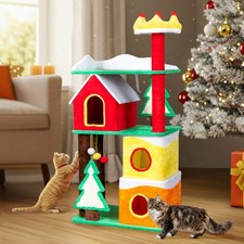Indoor Christmas Themed Plush Multi-level Cat Tower, Cat Tree with Cat Condos