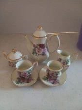 Miniature Garden Party Tea Set For 2 Pink Flowers 10Pcs Ceramic