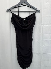 New prettylittlething ruched bidycon dress size 12 black polyester blend womens