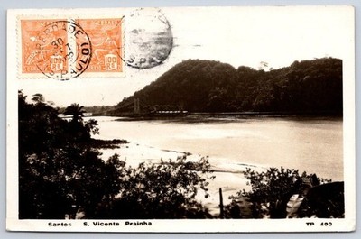 Antique Brazil Postcard SAO VICENTE Prainha Beach Bridge 1933 RPPC