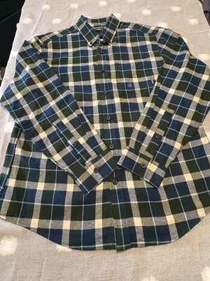 Eddie Bauer Shirt Mens Large Green Beige Plaid Flannel Button Up Outdoor Casual
