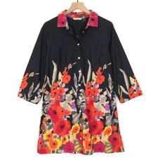 Soft Surroundings Floral Print Embellished Tunic Top Blouse SZ M 3/4 Slv Button