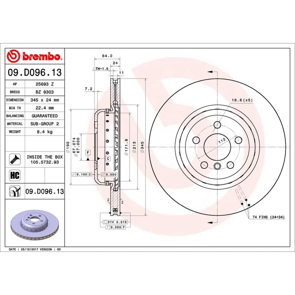 Discos de freno trasero lado conductor o pasajero Brembo 09.D096.13 para 540 740 330 530 Foto 2 de 2