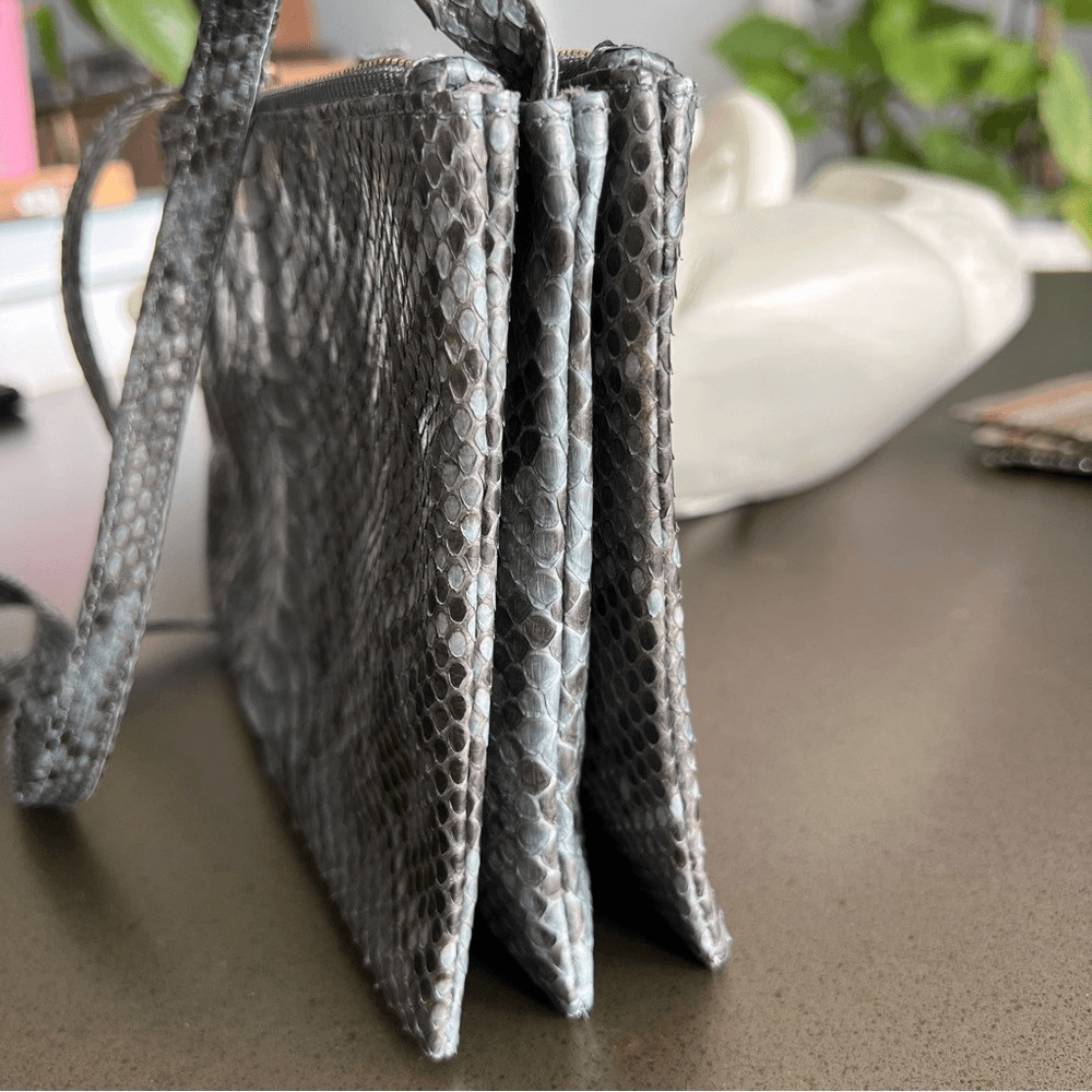 Gray Black Snakeskin python Leather Three-Compart… - image 3