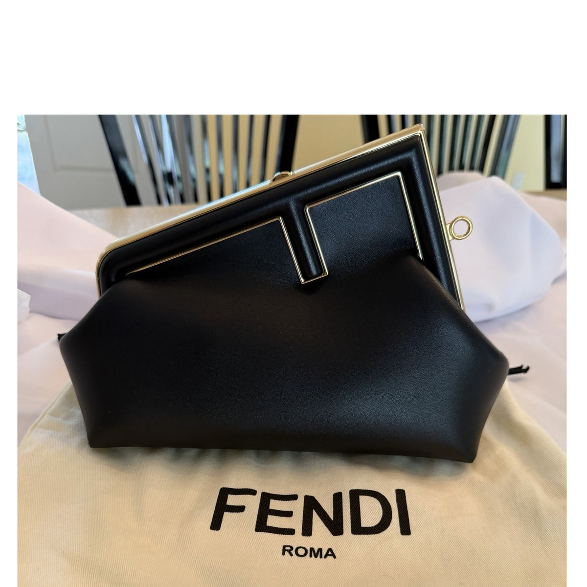 FENDI バック ブラック ゴールド金具 Fendi First small Black Clutch Gold Hardware with Original Dust