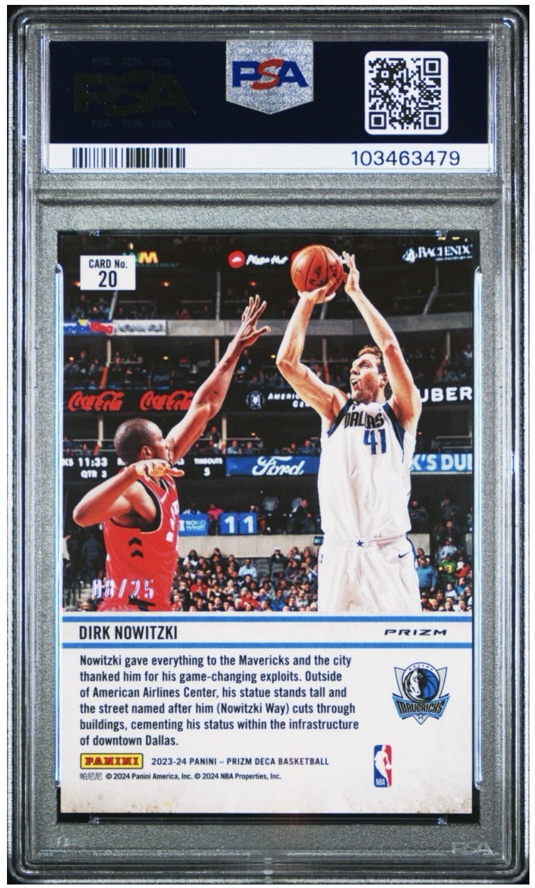 2023 Panini Prizm Deca Dirk Nowitzki Downtown Bound Mojo PSA 9 #’d /25 Mavericks view 2
