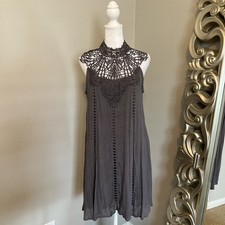 Entro Dark Grey Bohemian Sleeveless Crochet Bib Mini Shift Dress Size Small