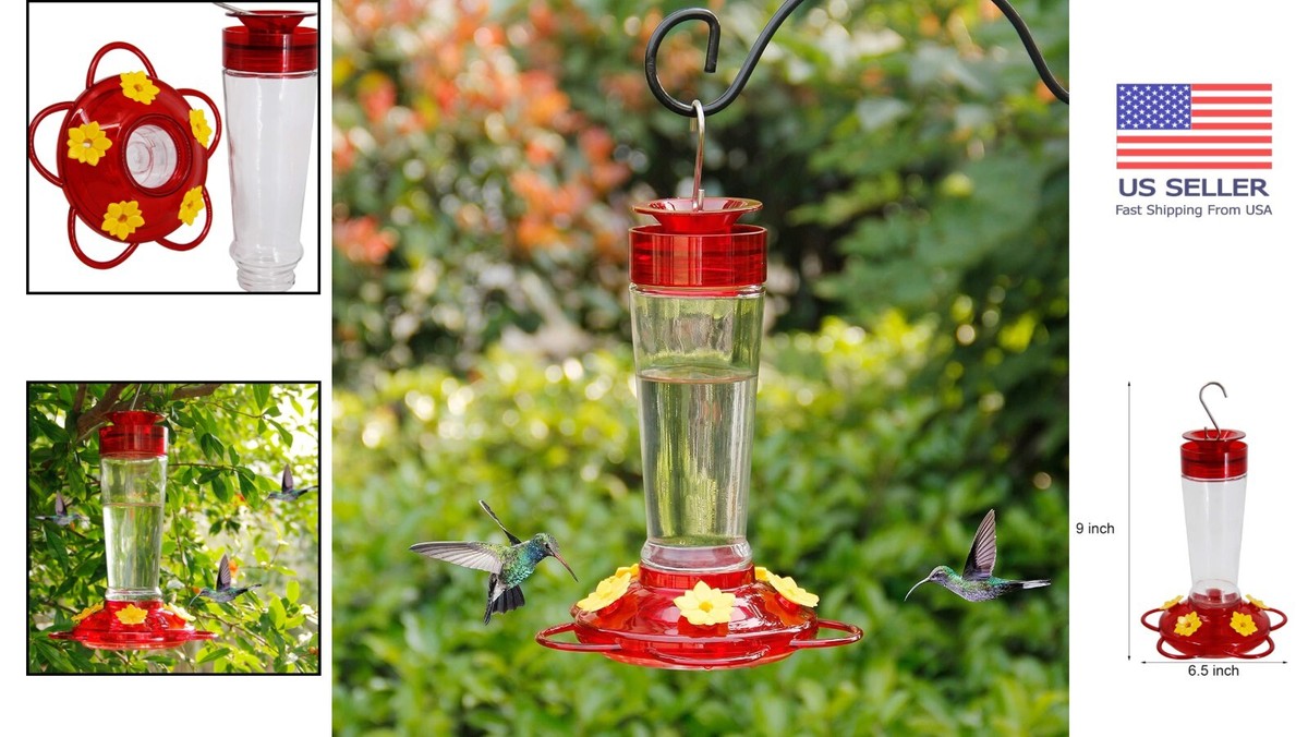 Elegant Red Glass Hummingbird Feeder with 5 Yellow Flower