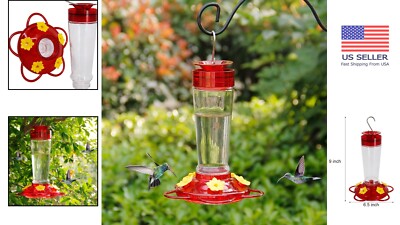 Elegant Red Glass Hummingbird Feeder with 5 Yellow Flower