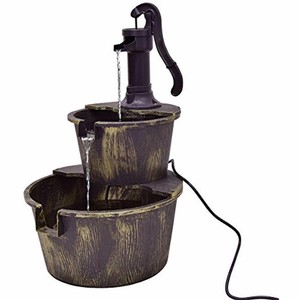 2 Tier Barrel Water Fountain Rustic Wood W Pump Outdoor Garden