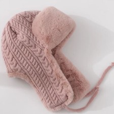 Damen Winter Zopfmuster Trapper Hut Kunstpelz Ohrenklappe Windfest Russisch Cap