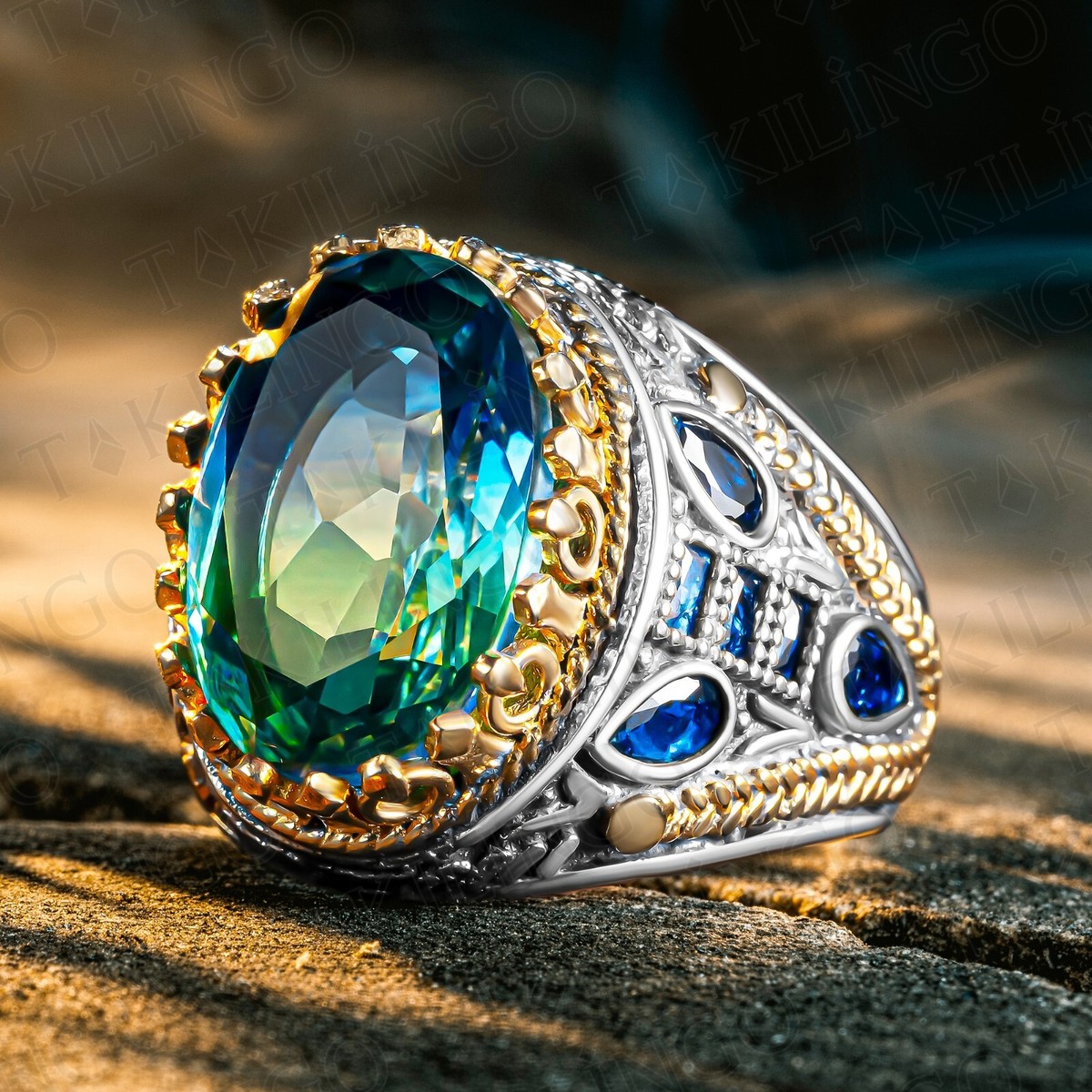 Solid 925 Sterling Silver Tourmaline Stone Turkish Men's Ring Mix Color  Stone