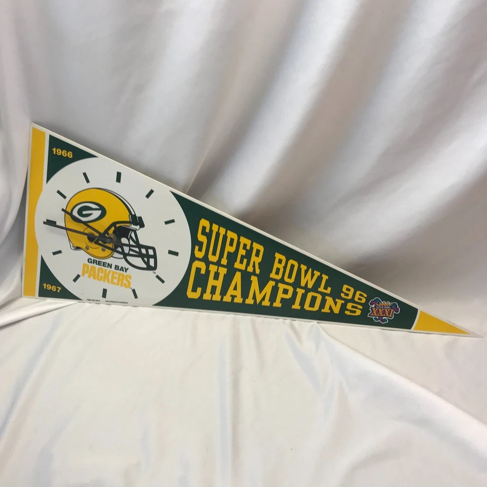 Reloj Banderín Vintage Campeones del Super Bowl 1996 Green Bay Packers Banner Probado Foto 2 de 4