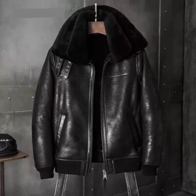 Men's Black B3 RAF Flight Bomber Real Sheepskin Leather/Artificial Shearling fur