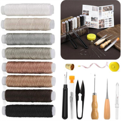 Leather Sewing Kit Thread Threader Needle Tape Measure Scissor Thimble Awl Set