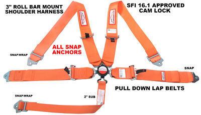 RACERDIRECT CLIP 5 POINT RACE HARNESS SFI 16.1 CAM LOCK 3'' ROLL BAR MOUNT ORANGE