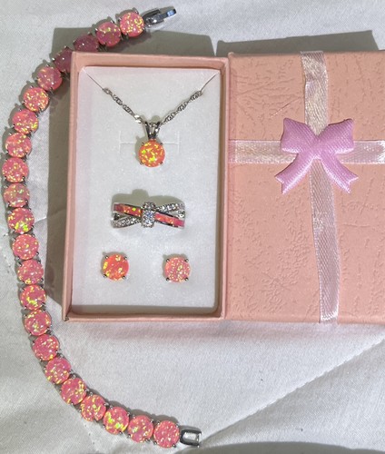 DEAL! Stunning Hot Pink Fire Opal Necklace, Earrings, Bracelet, & Ring Sz 7 Set