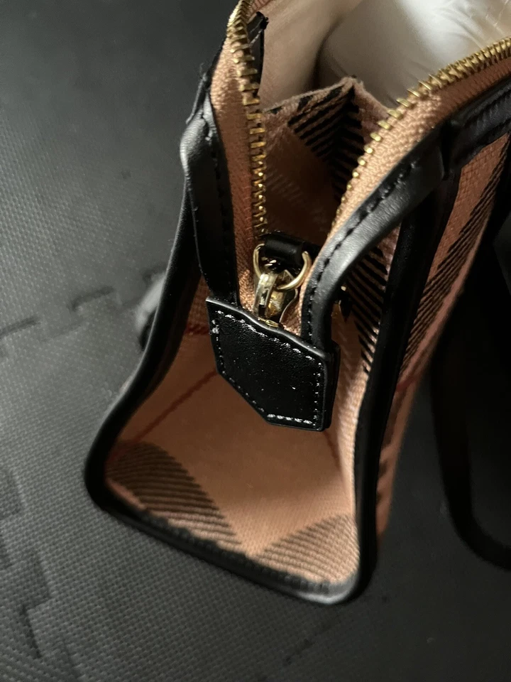 Spartina 449 Daufuskie Island Linen Leather Blush Plaid Black Trim Purse Telfair - Image 3 of 4